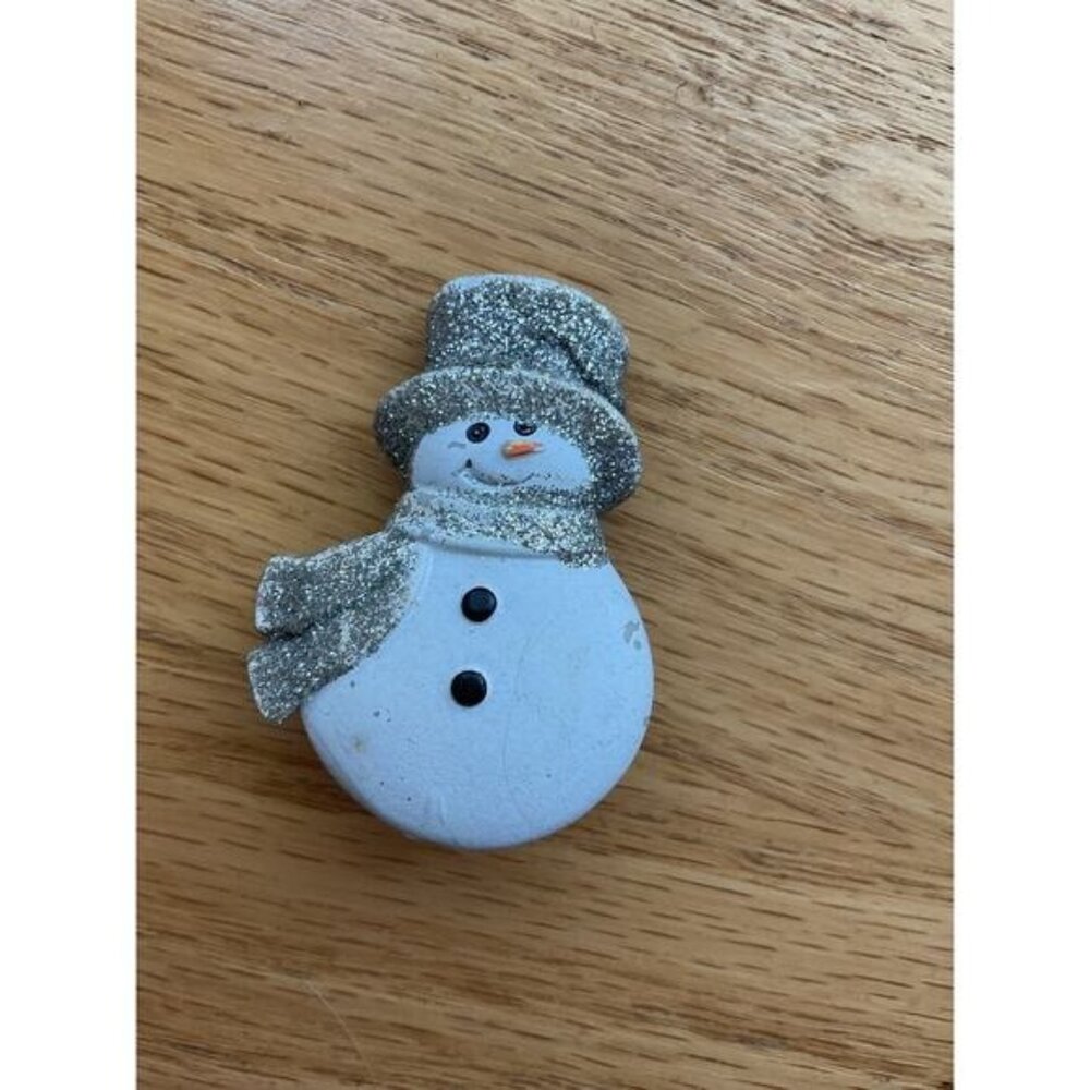 Vintage Glitter Snowman Brooch Pin Button With Silver Scarf & Hat